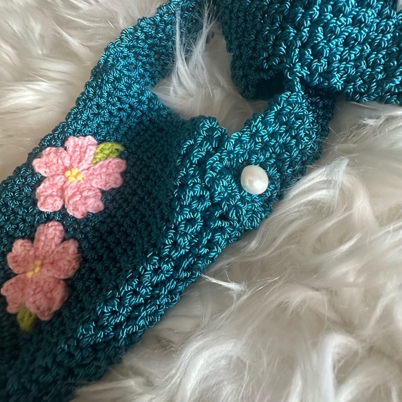 Hand Knits 2 Love Crochet Bag Teal Flowers Beads Designer Phone Cosmetic  Misc - Picture 2 of 6